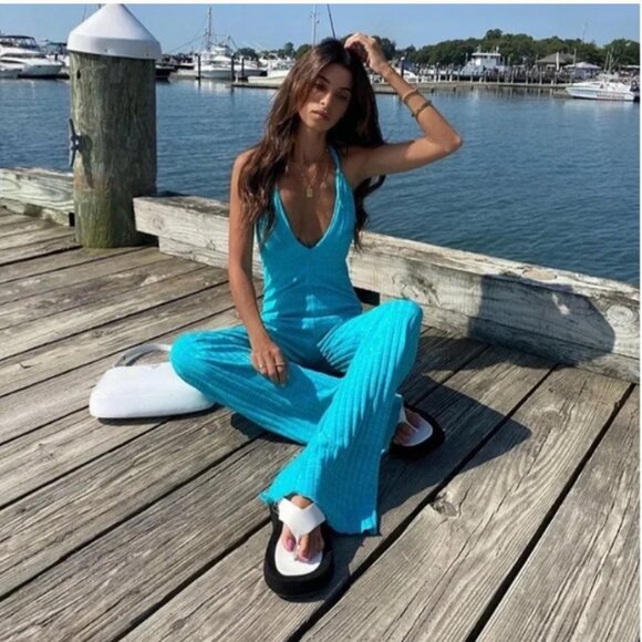NEW ZARA Turquoise Ribbed Knit Bell-Leg Cotton Blend Jumpsuit/Overall- Blog Fav - Picture 4 of 16